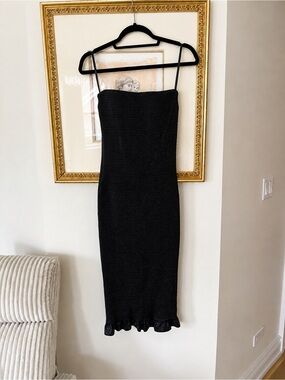 LEXI Black Faux Leather Strapless Midi Dress with Ruffle Hem